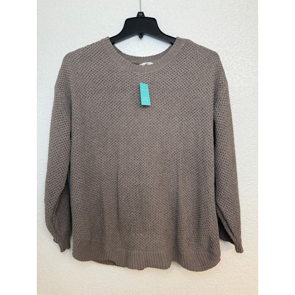 Maurices Womens Plus 1X Waffle Knit Sweater Taupe Brown Crew Neck 232653Y NWT